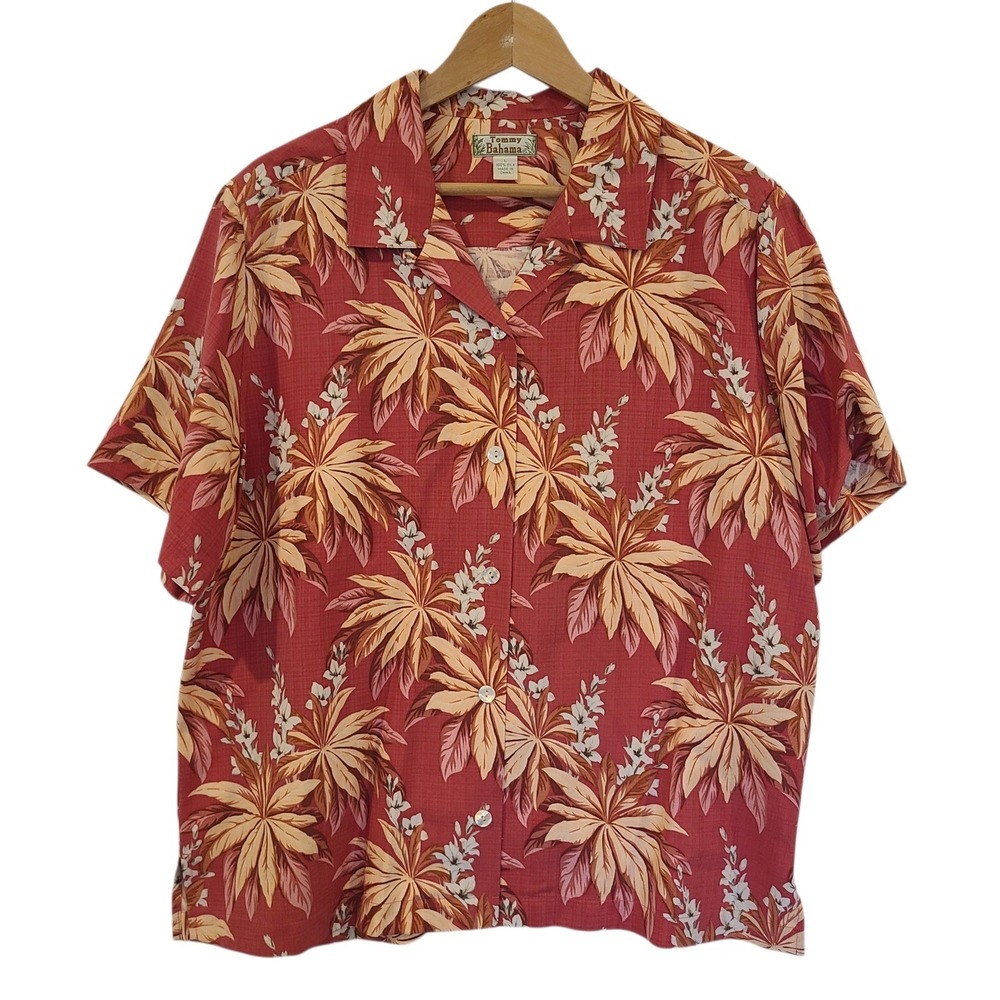 Tommy Bahama Womens Large Red Silk Tropical Palm Leaf Floral Camp Shirt Hawaiian
